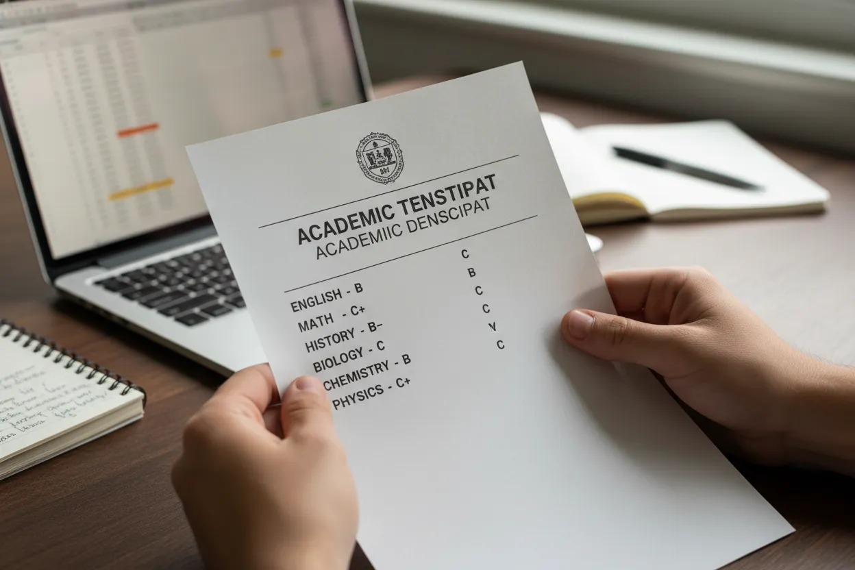 An academic transcript showing grades that line up with a C plus average.