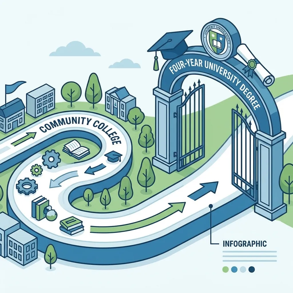 A visual infographic of the transfer route from community college to university.