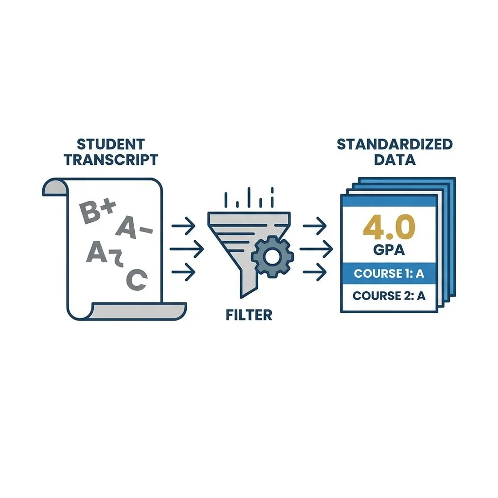 Standardizing raw transcript marks into a universal evaluation format.