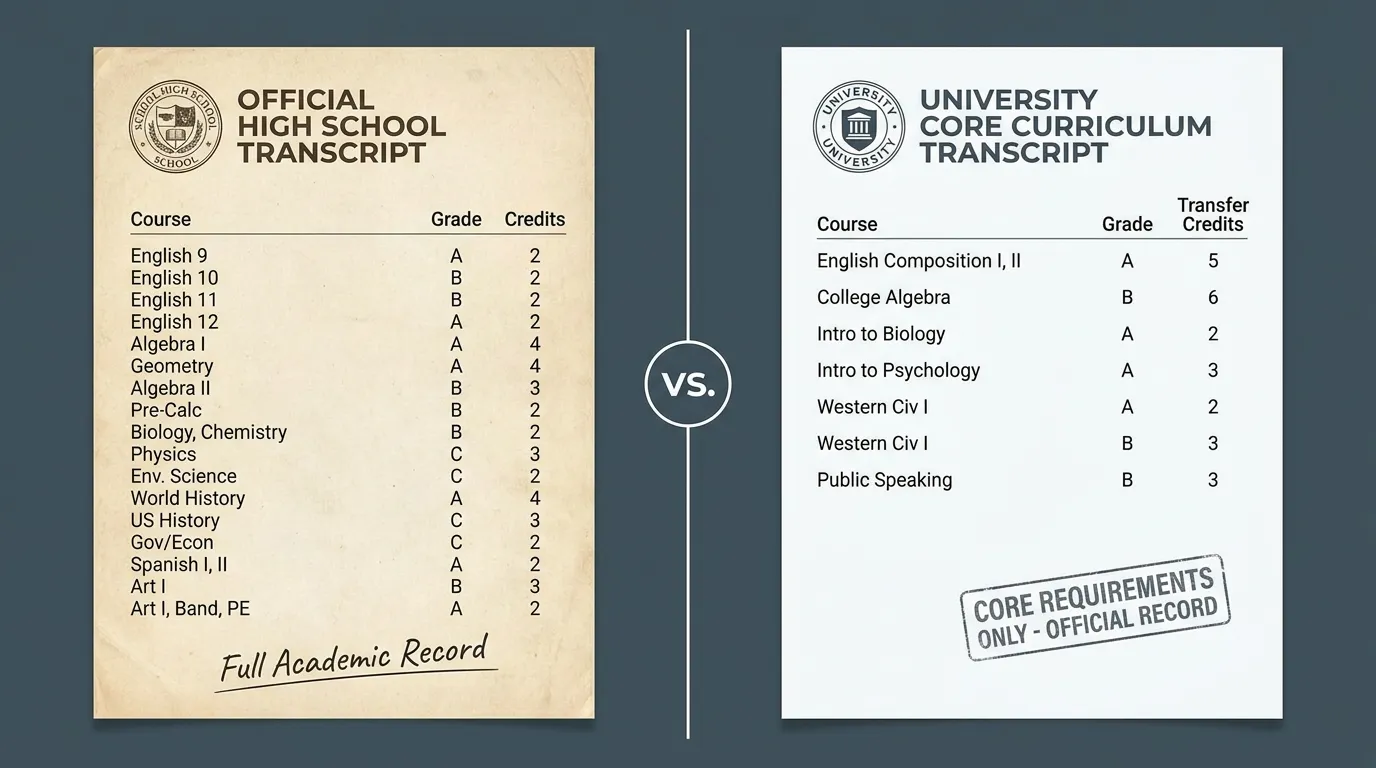 Comparing a high school transcript to an official university recalculated layout.